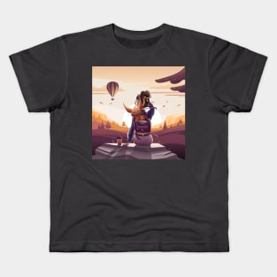 Illustration of a girl with a fox cub looking at the sunset Kids T-Shirt